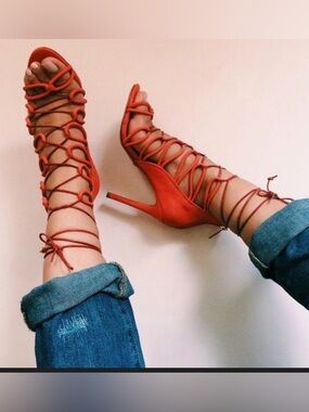 Shoe Dazzle Red-Orange Lace-Up Stiletto Sandals Size 7.5 New